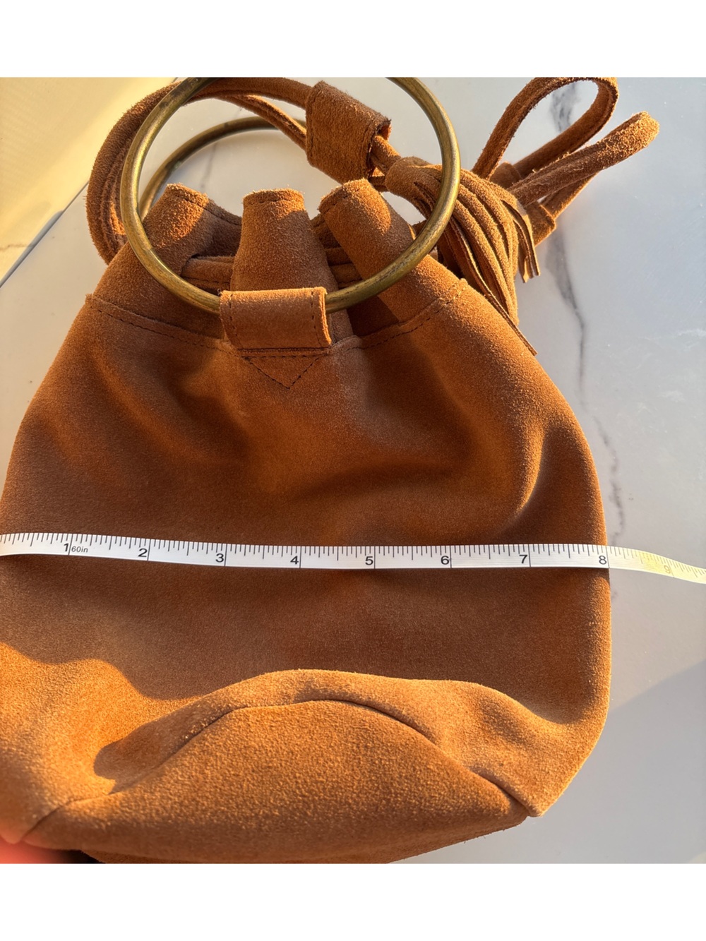 World Market Brown Suede Bucket Bag Metal Ring Handle Drawstring Leather Purse - Picture 7 of 9